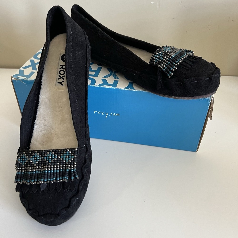 Womens Roxy Faux Suede Shoes Beaded Black Fuego Moccasin Style 10